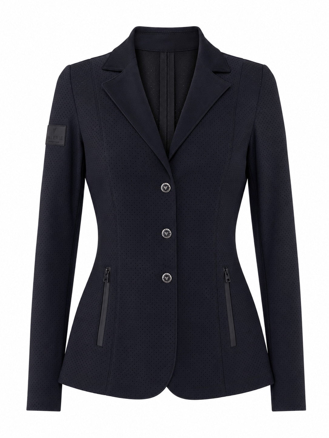 Black perforated competition show jacket with engraved buttons — Valerie Equestrian Brilliance