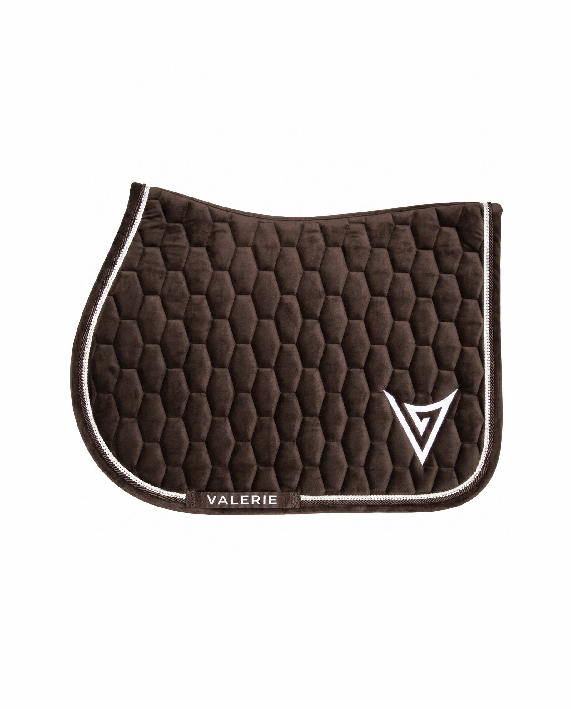 Chocolate velvet jumping saddle pad with crystal trim, styled as a matchy set — Valerie Equestrian