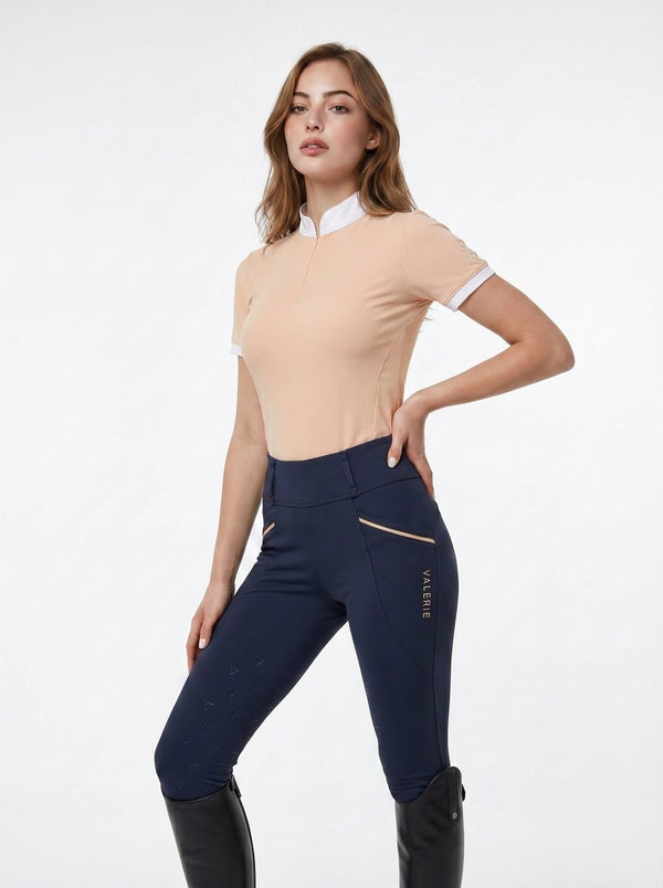 Navy classic riding breggings on model — Valerie Equestrian