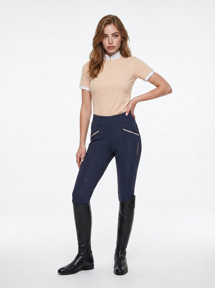 Navy classic riding breggings on model — Valerie Equestrian