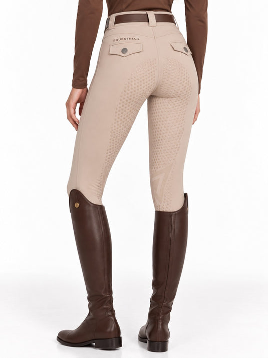 Beige competition breeches, three-quarter back view with full seat silicone grip and decorative back pocket flaps — Valerie Equestrian Impulsion