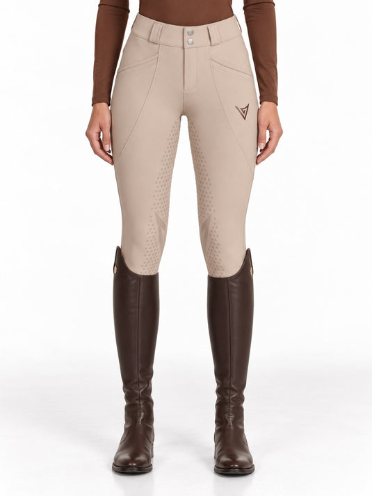 Beige competition breeches, three-quarter back view with full seat silicone grip and decorative back pocket flaps — Valerie Equestrian Impulsion