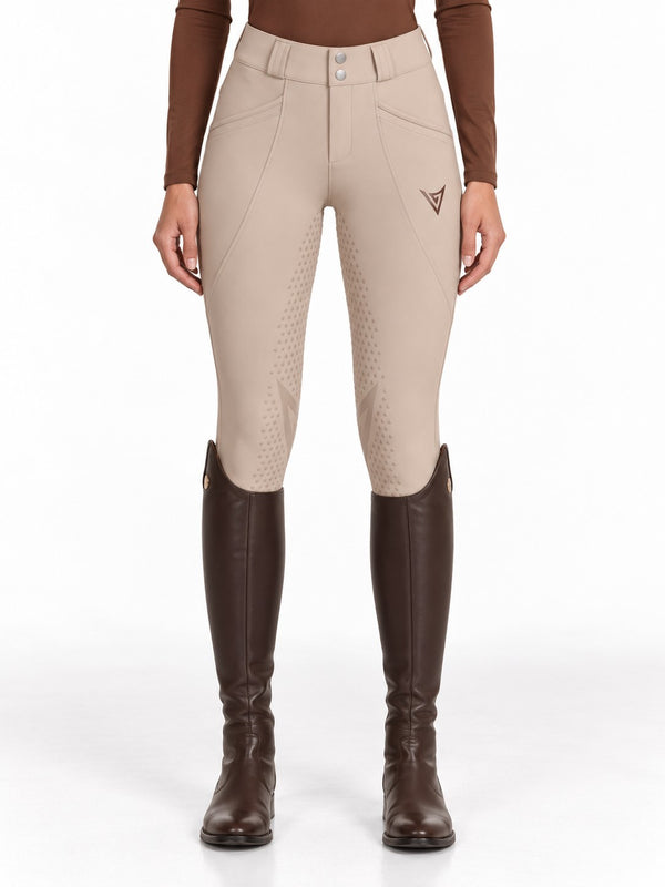 Beige competition breeches, front view with two branded snaps and Valerie Equestrian logotype on the thigh — Valerie Equestrian Impulsion