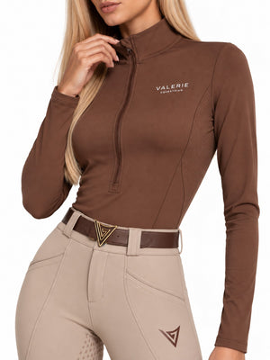 Beige competition breeches, waistband and slanted front pocket detail with a brown leather belt — Valerie Equestrian Impulsion