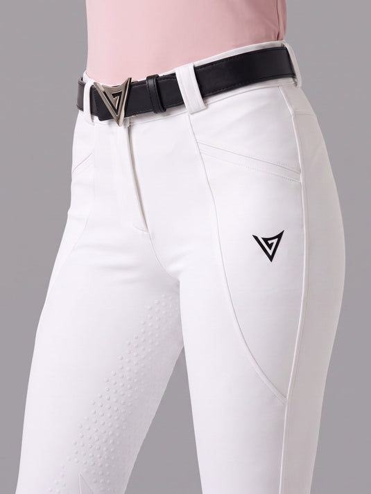 White competition breeches, three-quarter back view showing fit — Valerie Equestrian Confidence