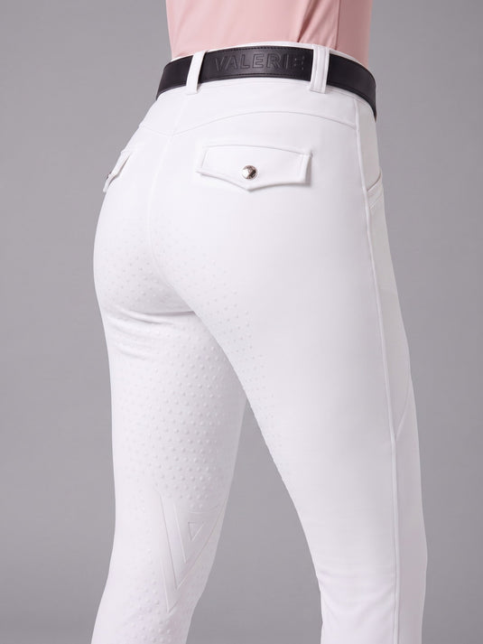 White competition breeches, three-quarter back view showing fit — Valerie Equestrian Confidence