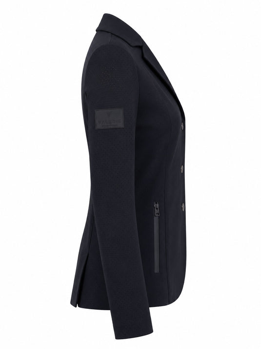 Black perforated competition show jacket, front view with three engraved buttons and zipped pockets — Valerie Equestrian Brilliance