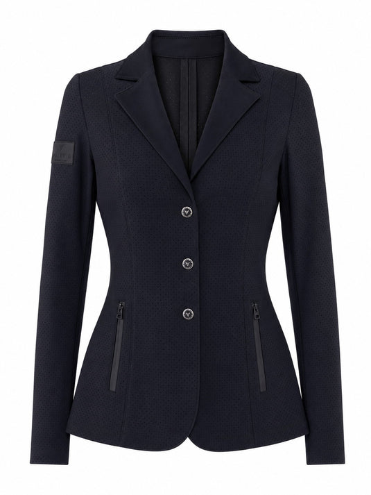 Black perforated competition show jacket, front view with three engraved buttons and zipped pockets — Valerie Equestrian Brilliance