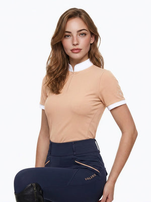 Beige short-sleeve competition show shirt, front view on model — Valerie Equestrian Warmth