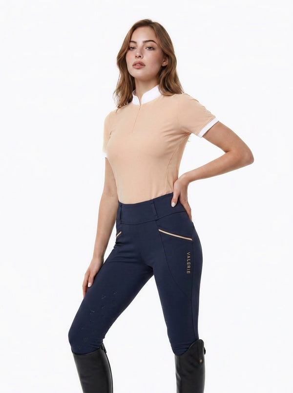 Beige competition show shirt, three-quarter view on model