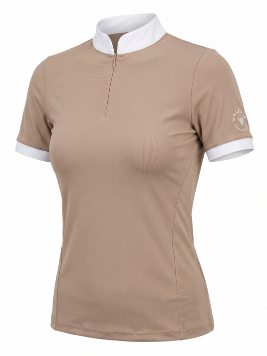 Beige competition show shirt with white stand collar and cuffs, front view — Valerie Equestrian Warmth