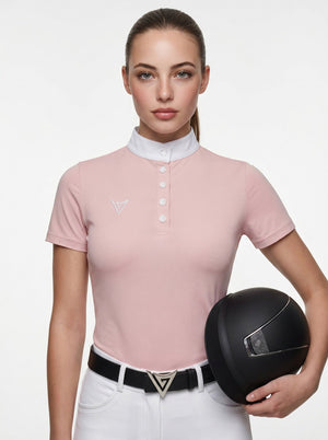 Pink short-sleeve competition show shirt on model, front — Valerie Equestrian Tenderness