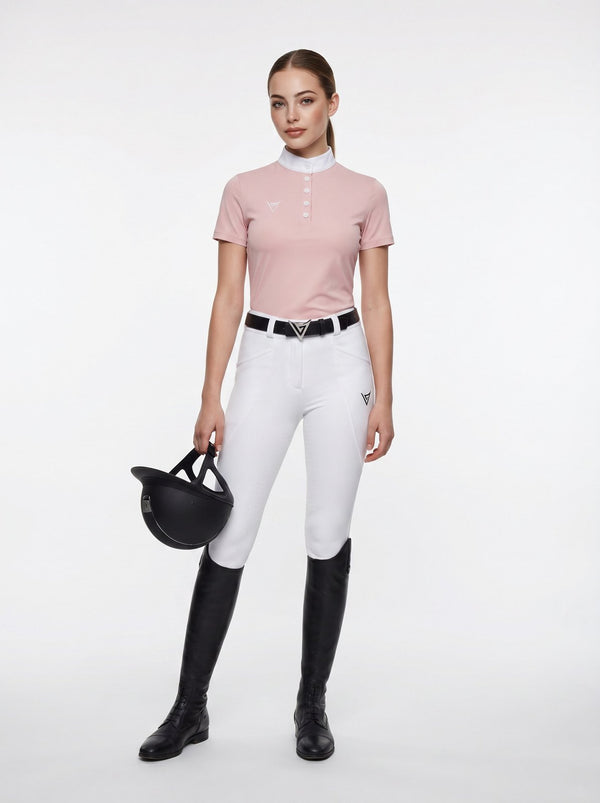 Pink competition show shirt on model — Valerie Equestrian