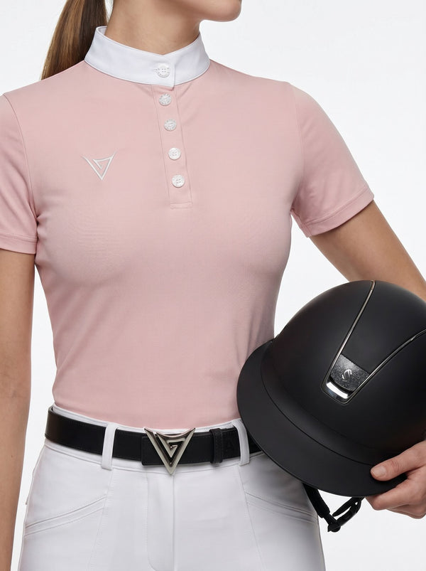Pink competition show shirt on model, three-quarter — Valerie Equestrian