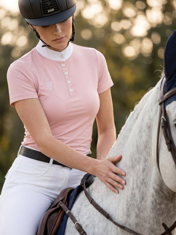 Pink competition show shirt, lifestyle with horse — Valerie Equestrian