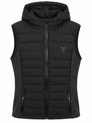Black hooded quilted riding gilet, front — Valerie Equestrian Assurance