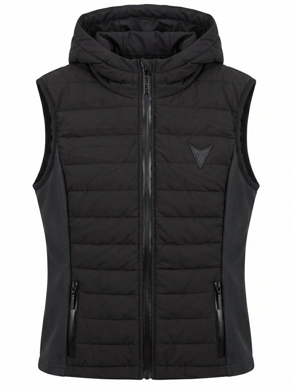 Black hooded quilted riding gilet, front — Valerie Equestrian Assurance