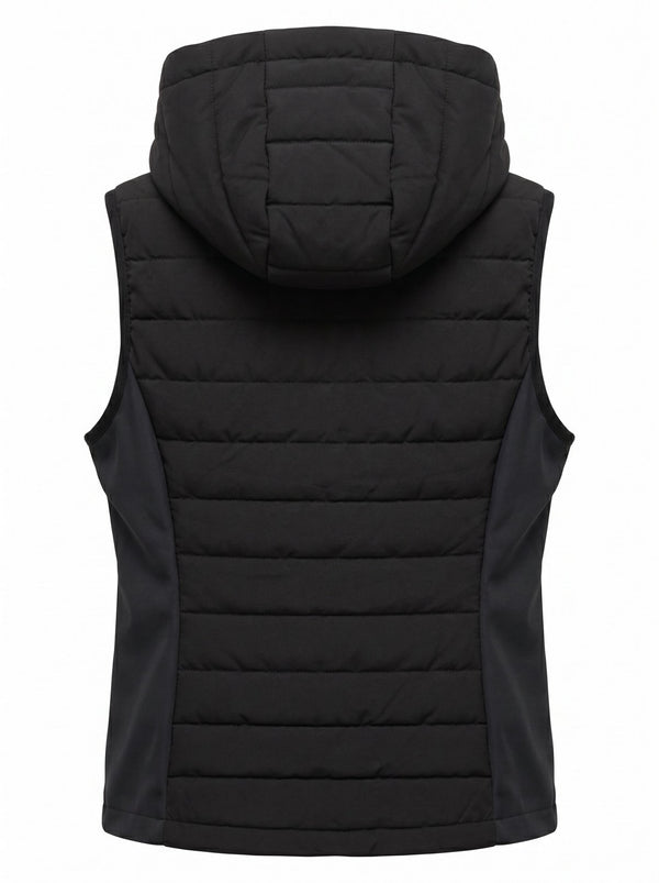 Black hooded riding gilet, front on model — Valerie Equestrian