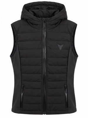 Black hooded quilted riding gilet, front — Valerie Equestrian Assurance