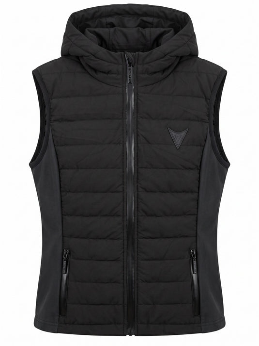 Black hooded quilted riding gilet, full-length on model — Valerie Equestrian Assurance