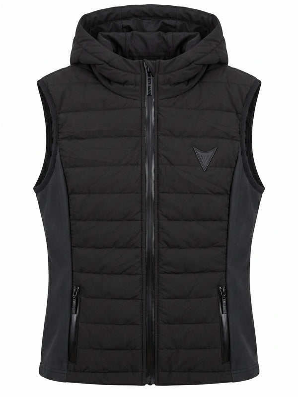 Black hooded quilted riding gilet, front — Valerie Equestrian Assurance