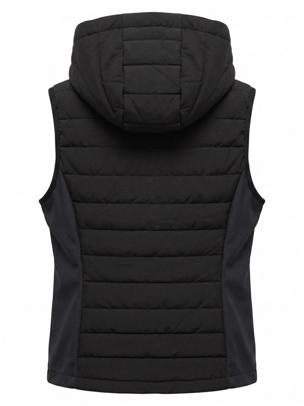 Black hooded quilted riding gilet, back — Valerie Equestrian Assurance