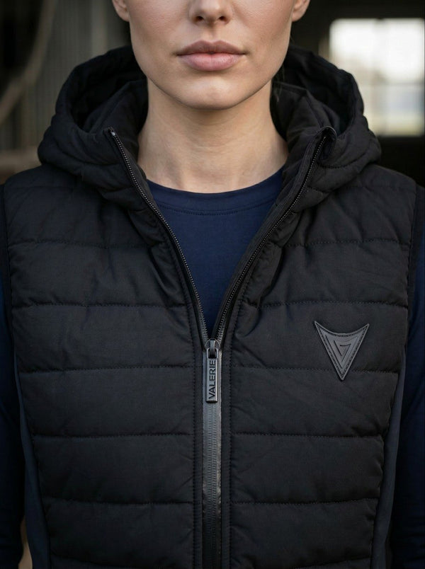 Black hooded riding gilet, detail — Valerie Equestrian