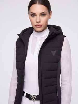 Black hooded riding gilet on model, front — Valerie Equestrian Assurance
