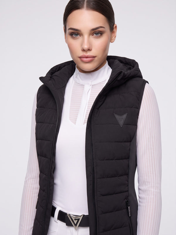 Black hooded riding gilet on model, front — Valerie Equestrian Assurance