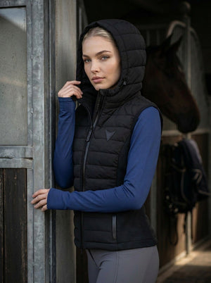 Black hooded riding gilet, detail — Valerie Equestrian