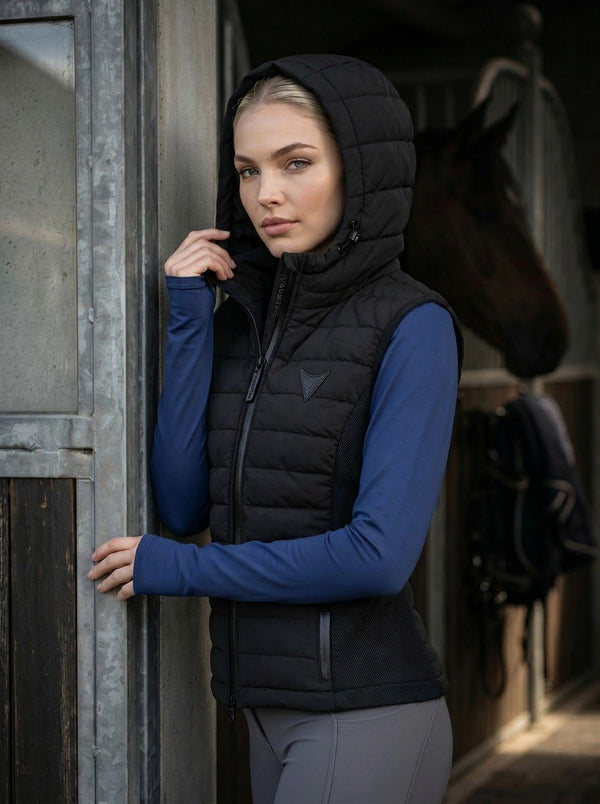 Black hooded riding gilet, detail — Valerie Equestrian
