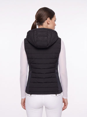 Black hooded riding gilet on model, back with hood — Valerie Equestrian Assurance