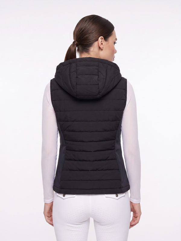 Black hooded riding gilet on model, back with hood — Valerie Equestrian Assurance