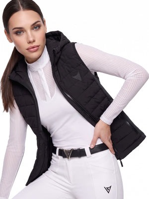 Black hooded riding gilet with white show shirt and breeches — Valerie Equestrian Assurance