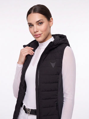 Black hooded riding gilet on model, close-up — Valerie Equestrian Assurance