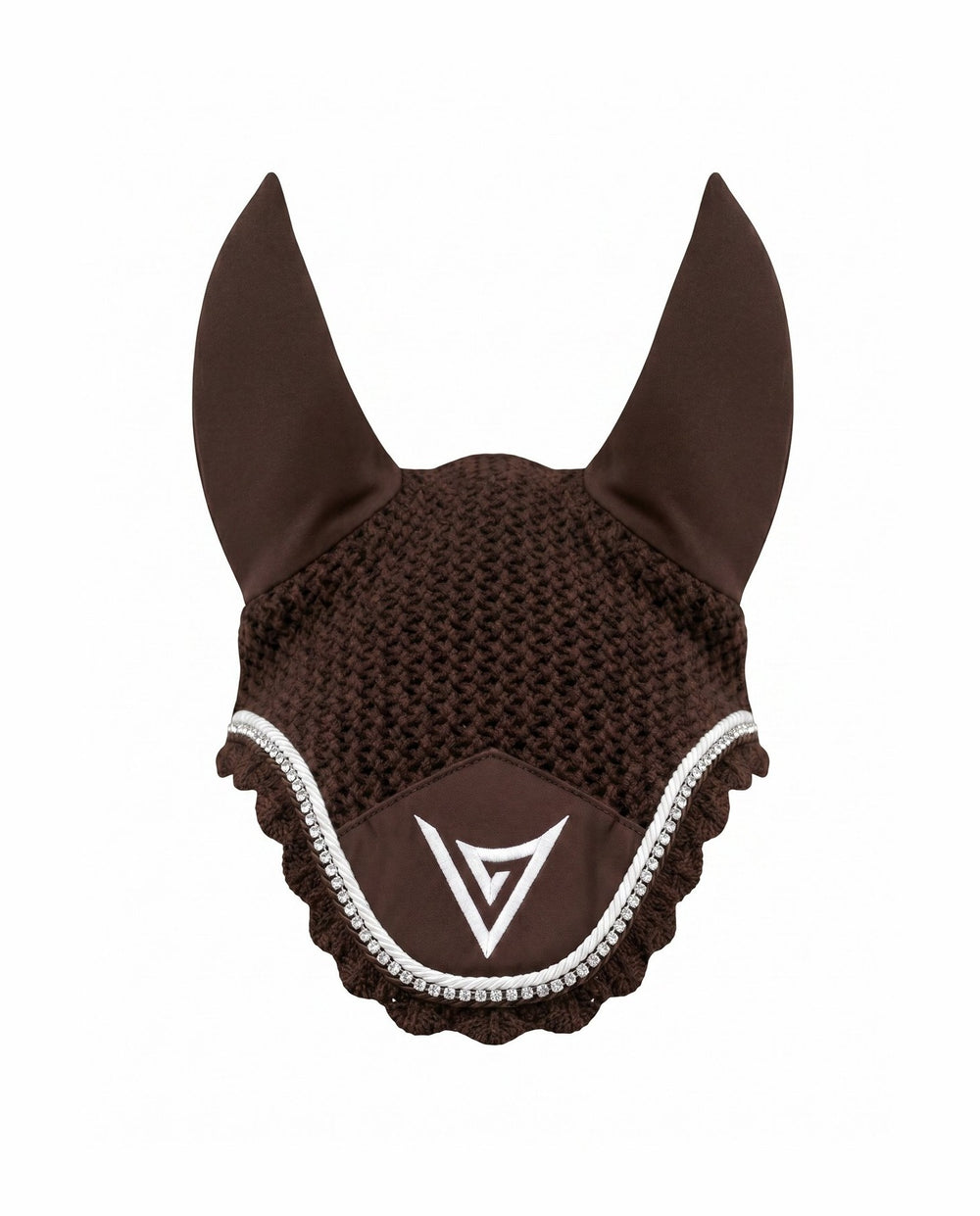 Chocolate knitted velvet ear bonnet with clear crystal trim, front — Valerie Equestrian Comfort