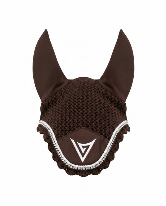 Chocolate knitted velvet ear bonnet with clear crystal trim, front — Valerie Equestrian Comfort