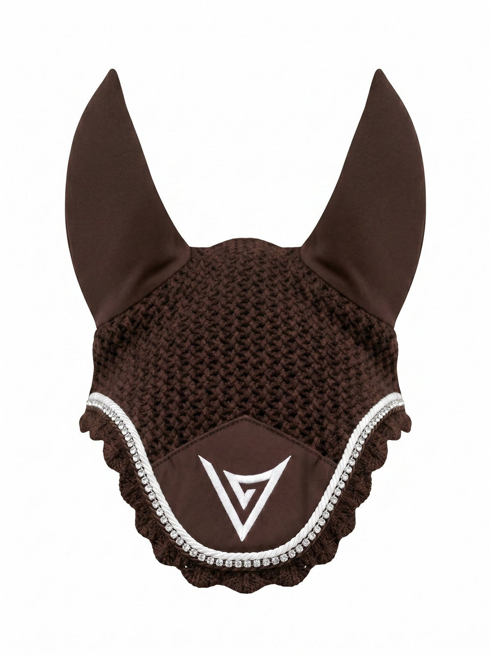 Chocolate knitted velvet ear bonnet with clear crystal trim, front — Valerie Equestrian Comfort