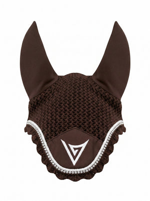 Chocolate knitted velvet ear bonnet with clear crystal trim, front — Valerie Equestrian Comfort