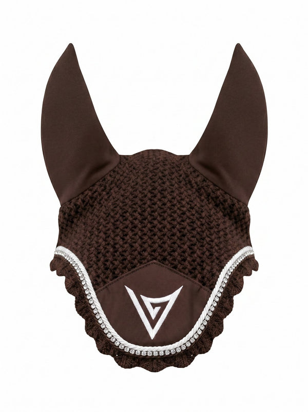 Chocolate knitted velvet ear bonnet with clear crystal trim, front — Valerie Equestrian Comfort