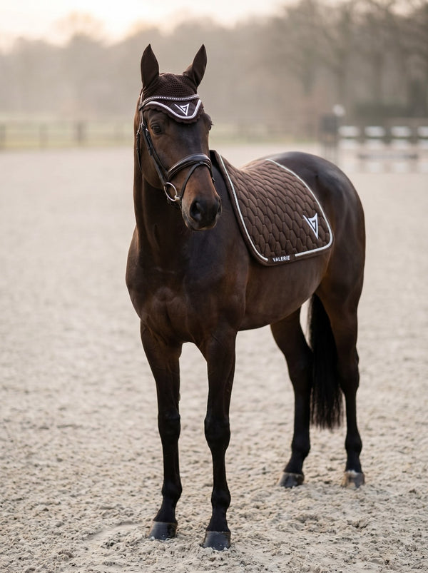 Chocolate knitted velvet ear bonnet with crystals — Valerie Equestrian