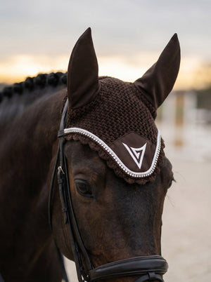 Chocolate knitted velvet ear bonnet with crystals — Valerie Equestrian