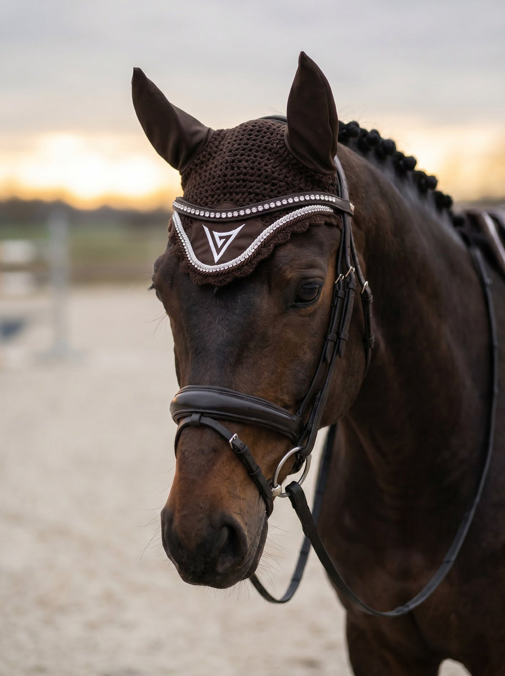 Chocolate knitted velvet ear bonnet with clear crystal trim, front — Valerie Equestrian Comfort