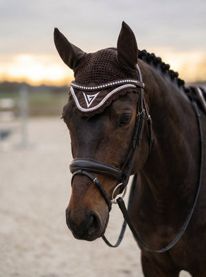 Chocolate knitted velvet ear bonnet with crystals — Valerie Equestrian