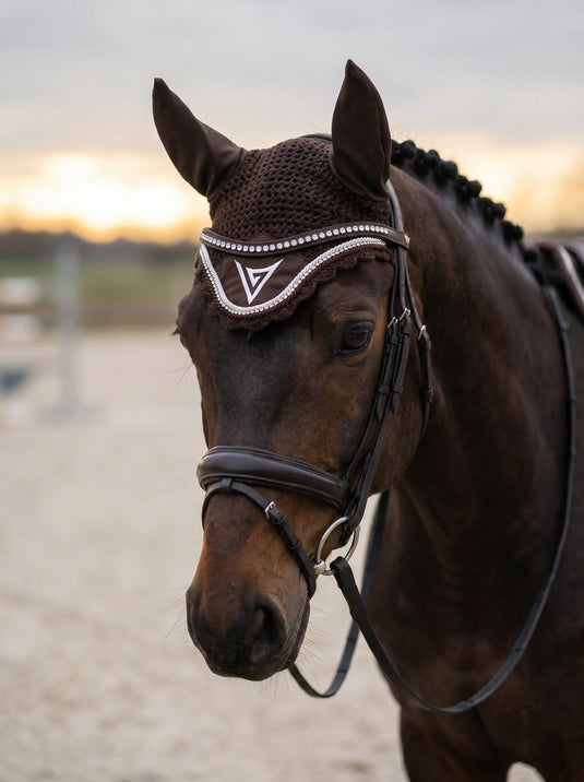 Chocolate knitted velvet ear bonnet with clear crystal trim, front — Valerie Equestrian Comfort