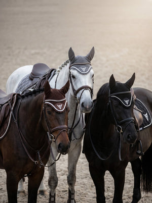 Chocolate velvet ear bonnet, lifestyle — Valerie Equestrian