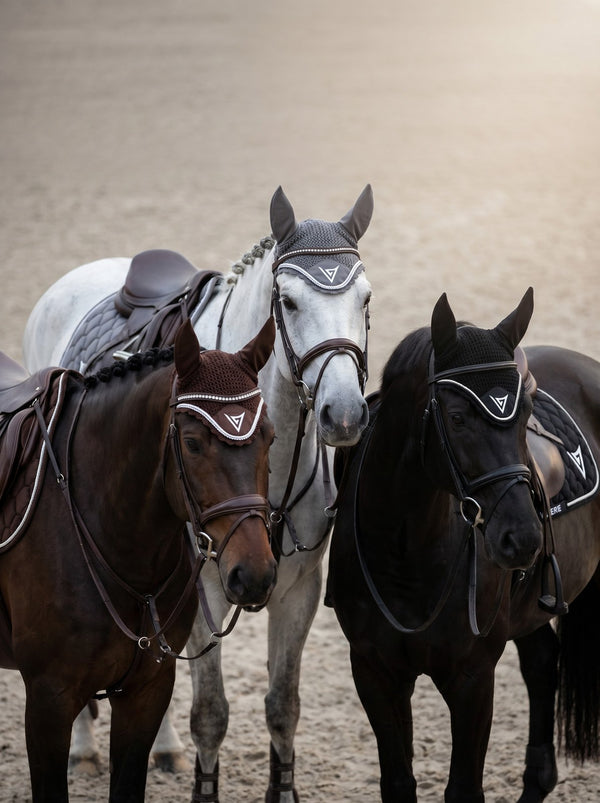 Chocolate velvet ear bonnet, lifestyle — Valerie Equestrian