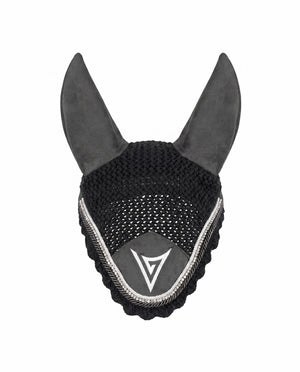 Grey knitted velvet ear bonnet with clear crystal trim, front — Valerie Equestrian Insight