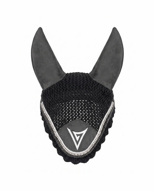 Grey knitted velvet ear bonnet with clear crystal trim, front — Valerie Equestrian Insight