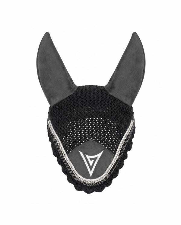 Grey knitted velvet ear bonnet with clear crystal trim, front — Valerie Equestrian Insight